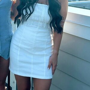 12th Tribe White Mini Rhinestone Denim Dress